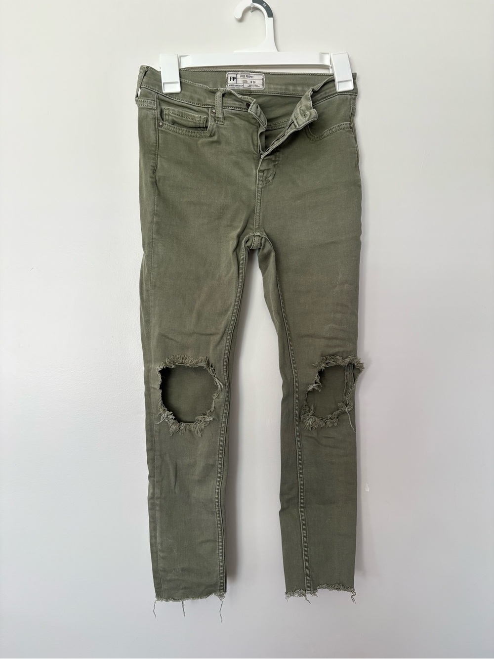 Free People Olive Skinny Jeans with Distressed Knee Rips